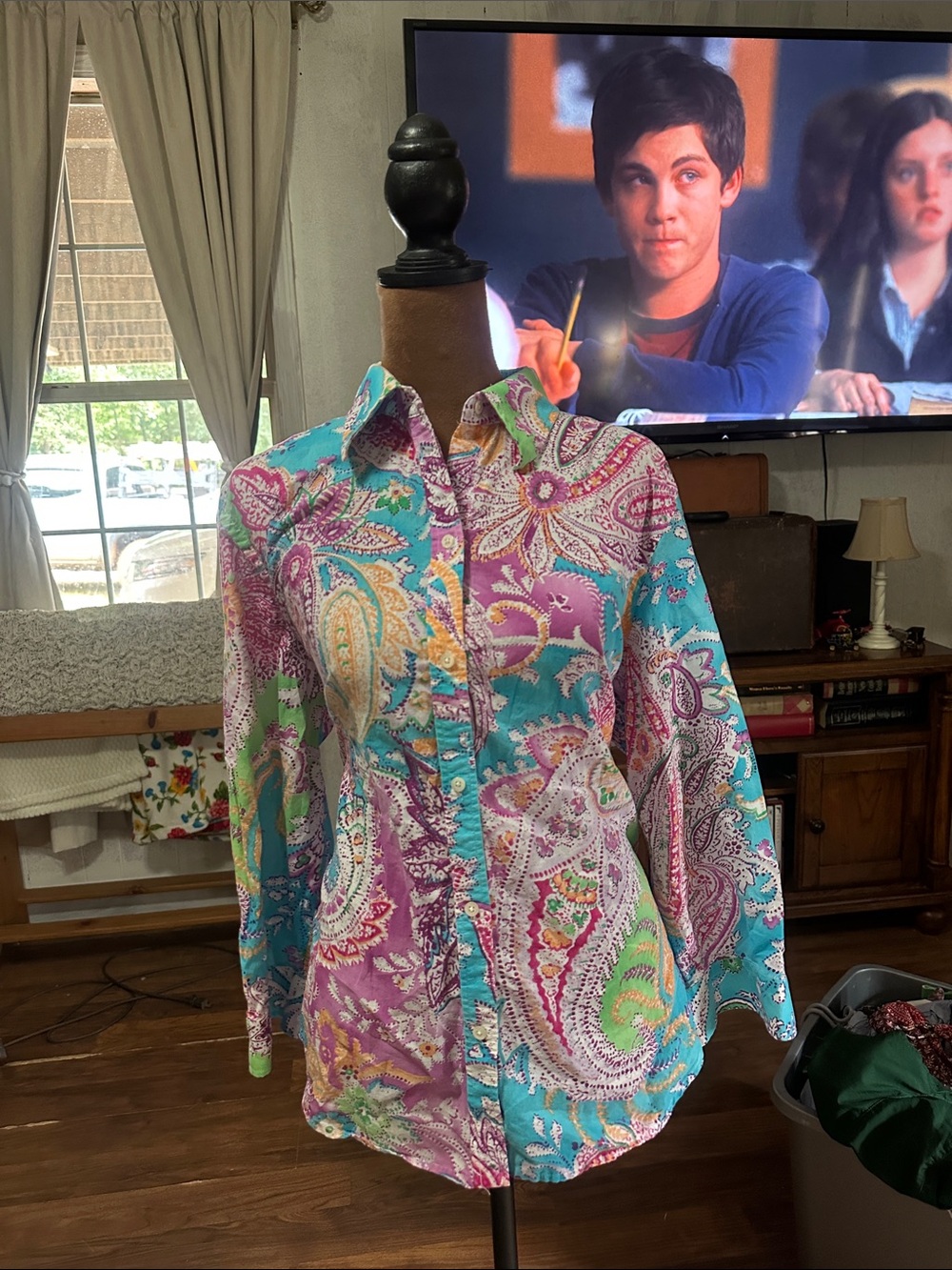 Lauren Ralph Lauren Paisley Button Front Shirt Women’s XL 100% Cotton Turquoise